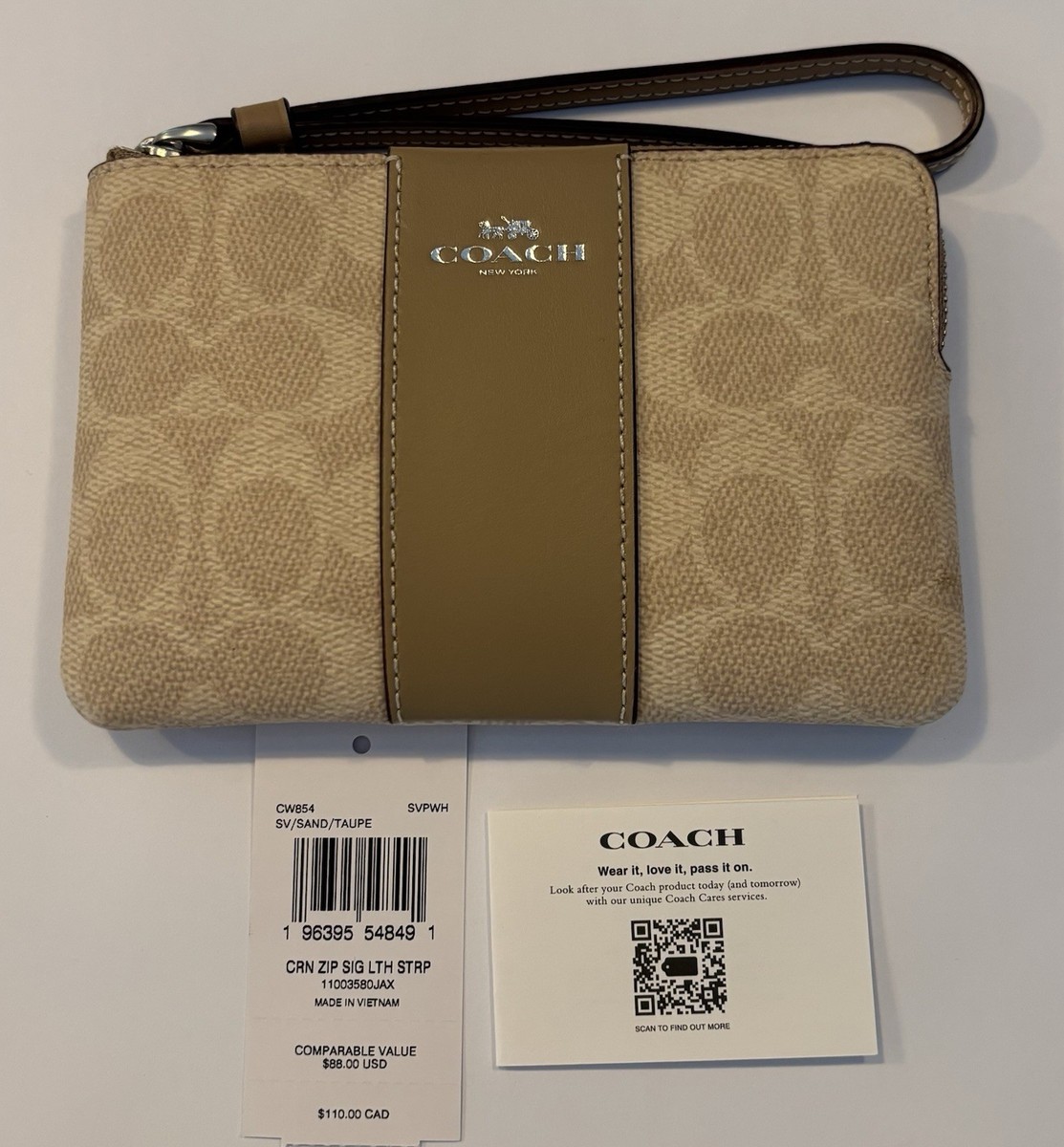 Coach Corner Zip Wristlet SignatureLeather Strap Silver/Sand/Taupe