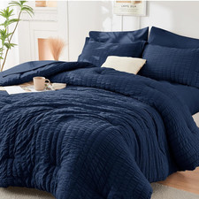 Navy Blue Queen Comforter Set Seersucker 7 Pieces, All Season Luxury Bed in a Ba