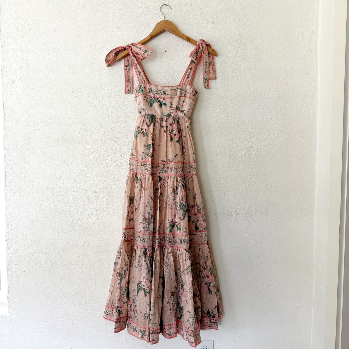 Zimmermann Pink Floral Moonshine Strappy Tie Shoulder Maxi Dress