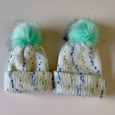Handmade Baby Hat In White/Blue/Green With Detachable Faux Fur Pom Pom