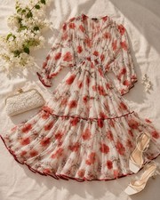 Floral Tiered Maxi Dress Cottagecore Romantic Smocked Waist Wedding Guest Medium