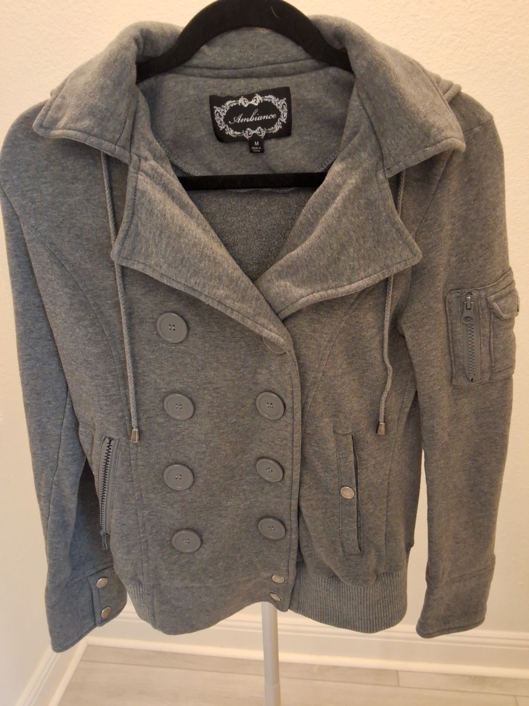 Ambiance Button & Snap Double Breasted M Gray Rib Knit Cuffs Womens Pea Coat