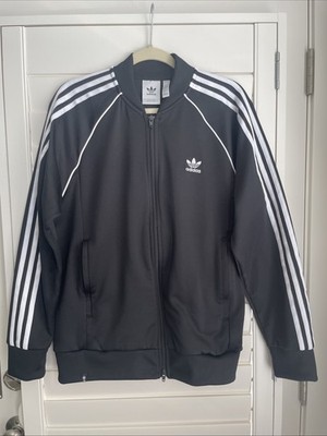 adidas men's black with 3 white stripes zip front track jacket Size Large EUC