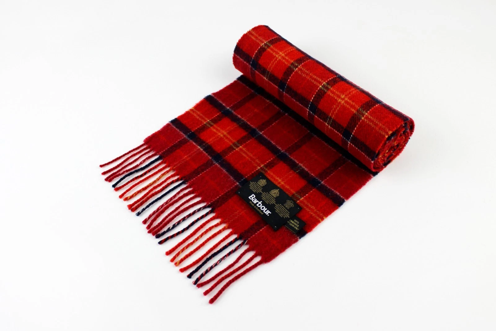 Barbour 100% Lambswool Tartan Scarf Fringe Plaid Check Red Black Scotland