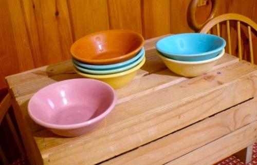 Bauer pottery small fruit dishes, various colors, 5-1/4" wide. 7 bowls.