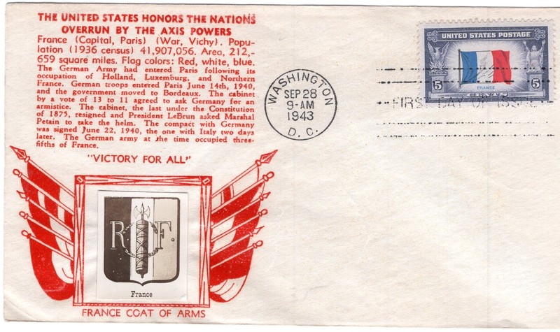 1943 #915 FRANCE WWII OVERRUN NATION FDC W/ CROSBY PHOTO CACHET