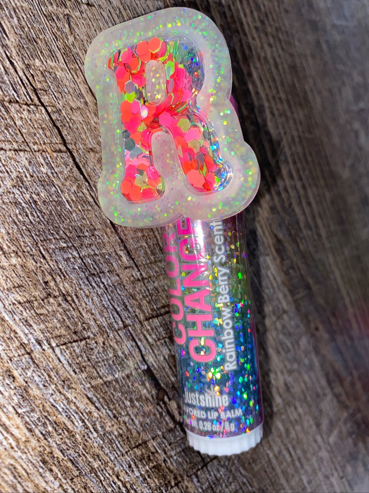 Justice initial R glitter shaker color changing lip balm
