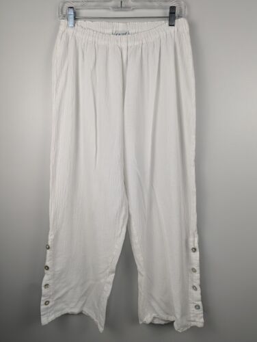 Oh My Gauze Wide Leg Crop Pants Size M Pull On Cotton White Button Detail Crop