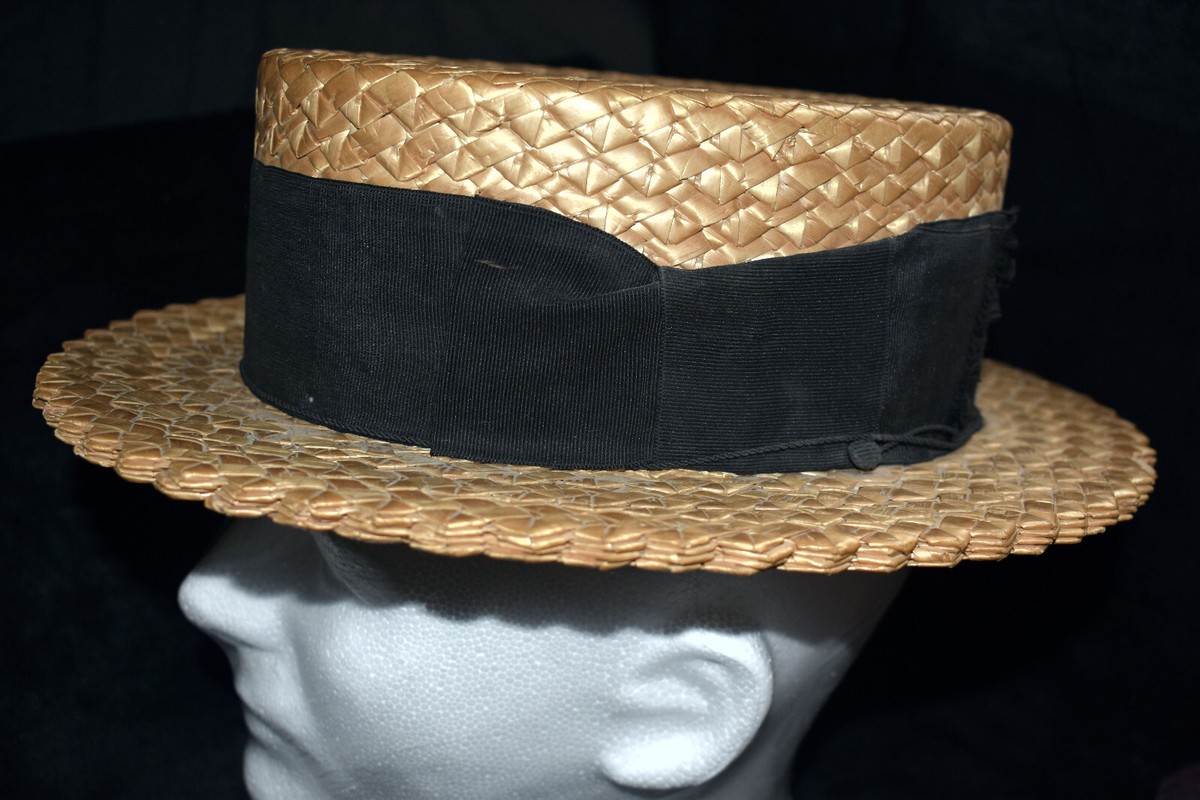 Vintage 1920s -1930s Cosmopolitan Straw Boater Hat Black  display picture 3