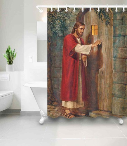 Revestimiento de cortina de ducha de poliéster impermeable para baño Jesus Door resistente al agua - Imagen 2 de 8