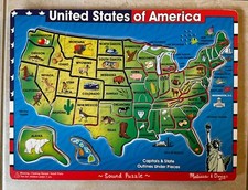 Vintage Melissa Doug Deluxe Wood Large 12x16 USA Map State Capitals Sound Puzzle