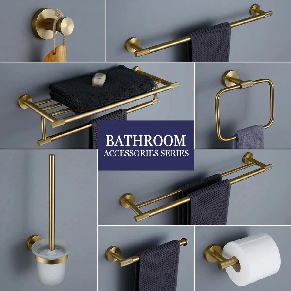 Toallero dorado cepillado barra de toallas moleteada gancho soporte de papel cepillo de inodoro Foto 2 de 4