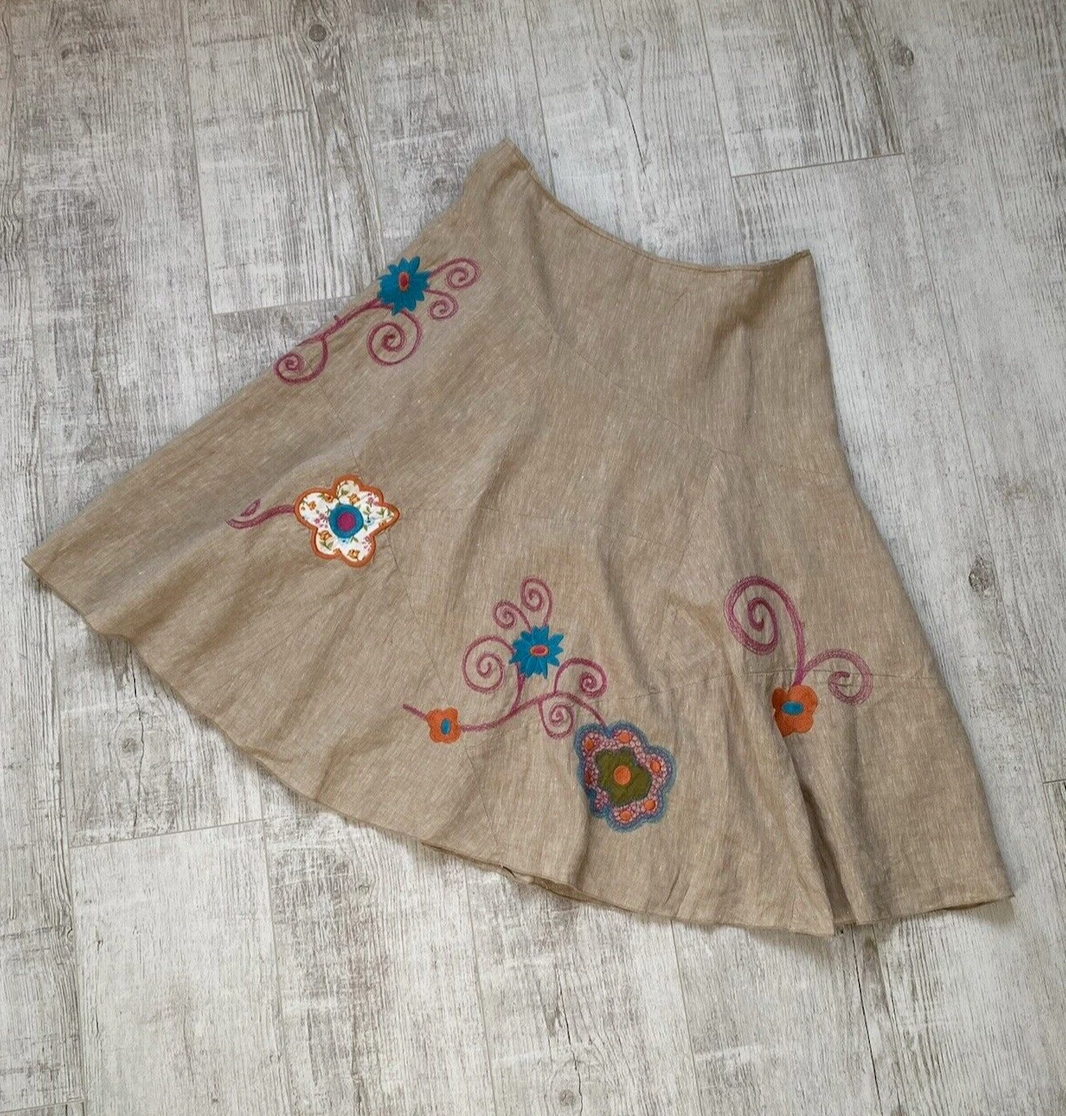 Vintage IVKO Linen Woven Embroidered Floral Beige Long Maxi Skirt Size XL