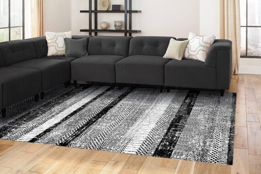 Tapis moderne chic noir et gris tissage premium en relief pour chambre
