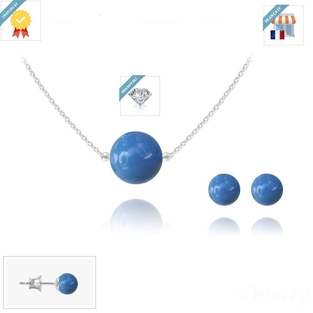 Parure collier et boucles d'oreilles en argent 925 massif et perles nacrées bleues de prestige