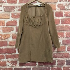 Asos Dress Womens Size 14 Brown Fine Corduroy Casual Ruched Zip Up Long Sleeves