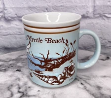 Vintage 80s Myrtle Beach Blue Brown Textured Beach Seashore Coffee Tea Mug Cup