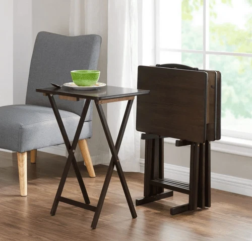 Indoor Folding Table Set of 4 in Walnut L19x W15 x H26 in. 4 Tables+1 Rack Stand - Picture 4 of 7