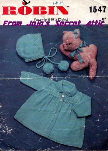 Original ROBIN 4 Ply Knitting Pattern Baby Coat and Bonnet 20 and 22ins