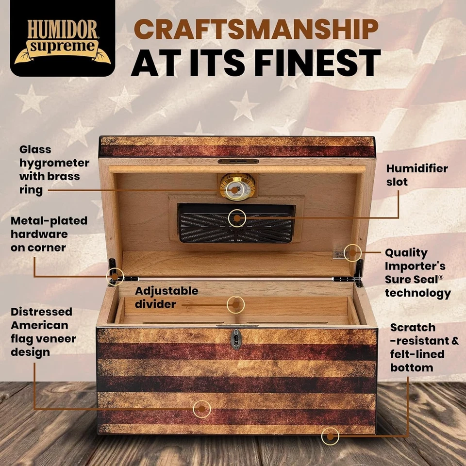 Old Glory American Flag 100ct Zigarren Humidor Box mit Luftbefeuchter + Hygrometer  - Bild 2 von 4