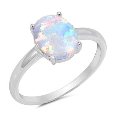 RING - 925 Sterling SILBER Edelstein OPAL lab. WEIß oval Gr. 17, 18, 19, 20, 21
