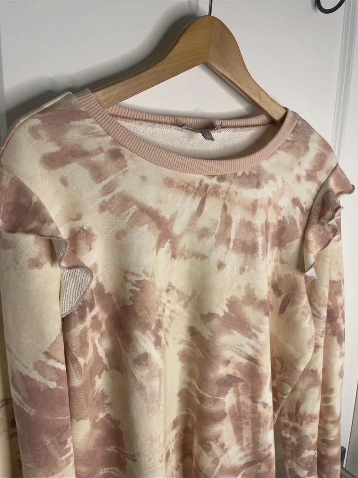Marled Tye Dye 女式荷叶袖运动衫-粉色-L — 第 4/4 张图片