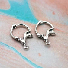 Women Girls Sterling Silver Cute Cat Hoop Huggie Hinged Earrings A4427
