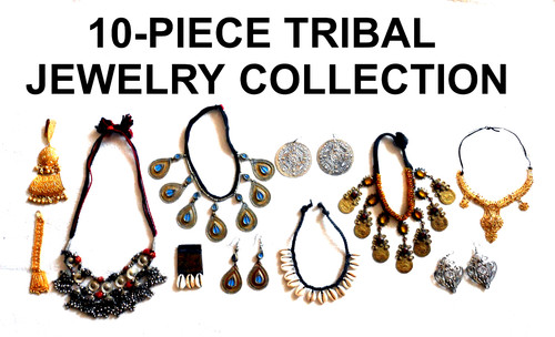 Tribal Belly Dance Jewelry--10 Pieces--Gold, Silver, Stones, Cowrie Shells