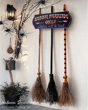 Halloween Decorations - Broom Parking Sign with 3 Wooden Witches Brooms Hocus