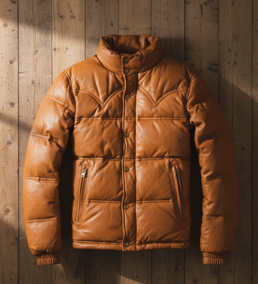 Men's TAN Puffer Jacket Real Lambskin Leather Quilted Bomber Jacket Gift For Him
