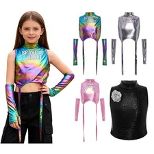 Kids Girls Hip  Hop Crop  top Crop Top Streetwear Dance Rave Costume Rhinestone