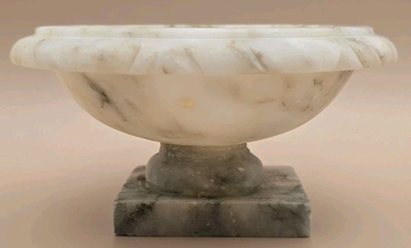 Vintage Italian Miniature Alabaster Bird Bath Pedestal Bowl Tiny 3" Hand Carved 