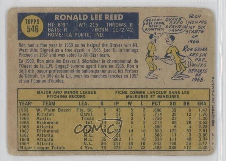 1970 O-Pee-Chee Ron Reed #546 - Image 2 of 2