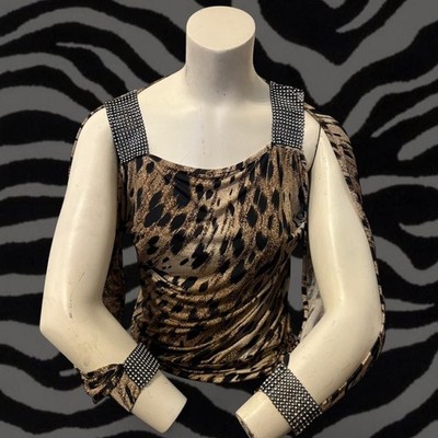 Windsor Leopard Print Blouse with Bling Rhinestone Accents and Open Sleeves
