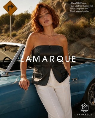 LAMARQUE Avan Faux Leather Bustier Top Black Strapless NWT Size L Vegan Leather