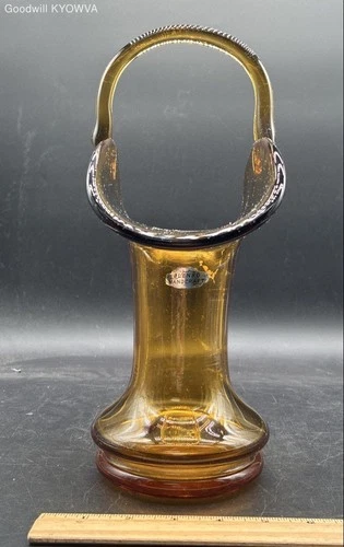 Blenko Amber Art Glass Basket Vase Hand Blown w/ Original Sticker