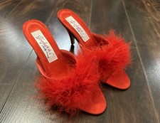 Vintage 1980 s Frederick s Of Hollywood Red Satin Maribou Feather Slippers Heels
