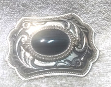 Black Dark Oval Stone In Silver Engraved Western Belt Buckle Great Shape