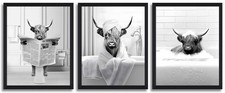 Funny Highland Cow Wall Art Set of 3, Rustic Farmhouse Bathroom Cow Pictures ...