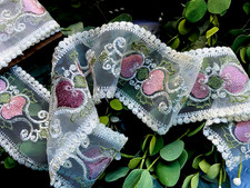 Valentines Pink Hearts 3.50  by 2 yds Non-wire Ribbon Ivory Sheer Embroidery