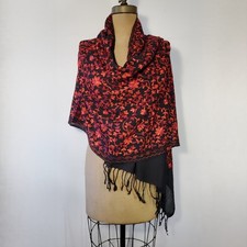 Kashmiri 29x78" Stole Scarf Wrap Aaria Floral Black Red Wool Crewel Embroidery