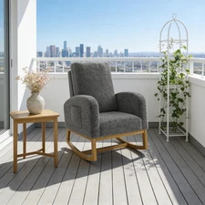 Nursery Rocking Chair Teddy Upholstery, Cozy Baby Glider w High Back&Side Pocket