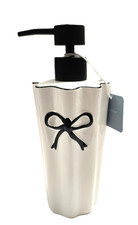 NEW KASSATEX MILK WHITE,BLACK BOW RIBBON CERAMIC,BLACK TONE PUMP SOAP DISPENSER
