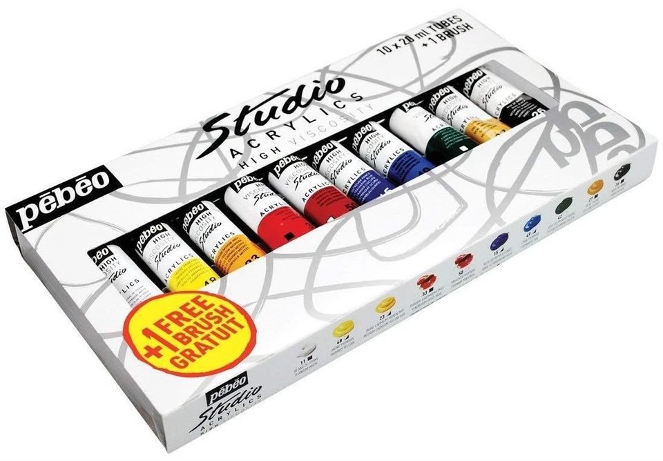 [833311] Pébéo Set Studio peintures Acrylique Lot de de 10 Tubes de 20 ml + B... - Photo 1/1
