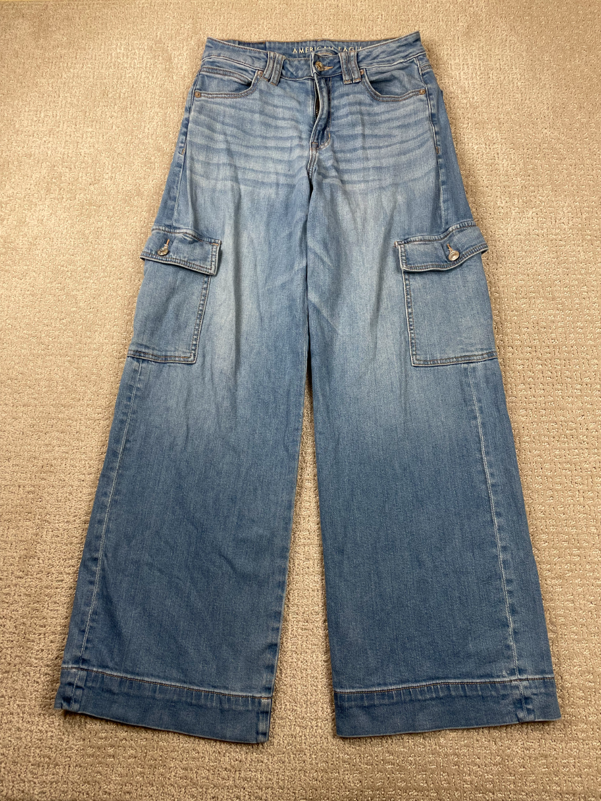 American Eagle Jeans Womens 2 Super High Rise Baggy Wide Leg Cargo Stretch Denim