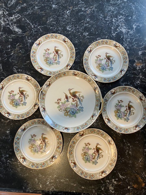 Vintage Epiag Czechoslovakia China Handled Platter 10" & 6 Gold Rim Plates 8"