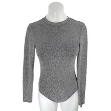 H M Silver Metallic Long Sleeve Open Back Cutout Crew Neck Bodysuit Top Size S