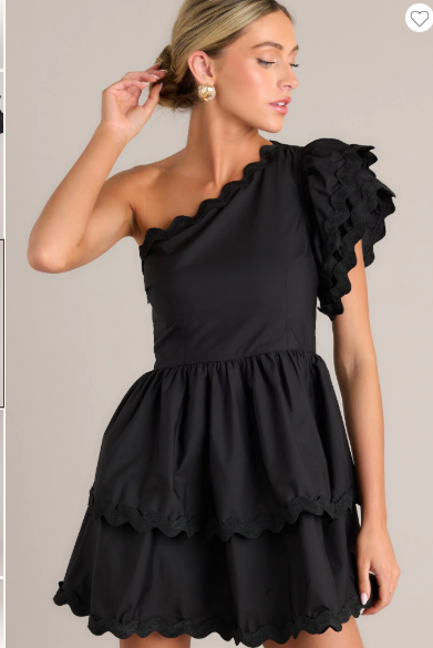 Flirty Flutter Black Scallop Tiered One Shoulder Romper Size Large - NWT