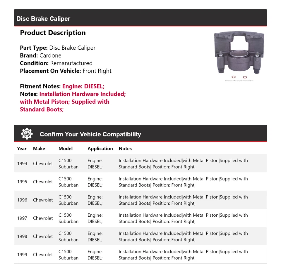 Для 1994-1999 Chevrolet C1500 Suburban ДИЗЕЛЬНЫЙ тормозной суппорт Fr правый кардон - Изображение 2 из 4