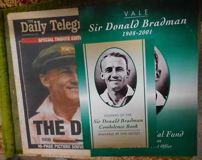 #T114.   THREE  DON  BRADMAN ITEMS - NEWSPAPER & POST OFFICE DISPLAYS 